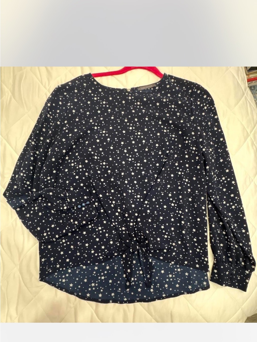 Suzy Shier Navy Star Print Front Tie Blouse